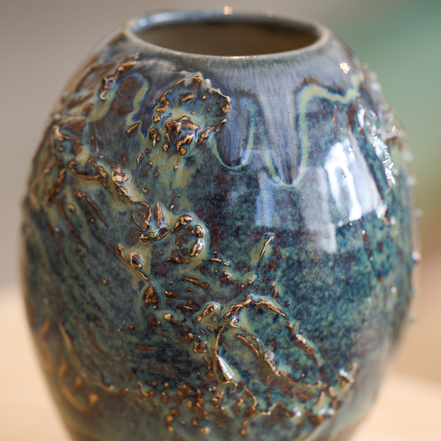 Grey, Gold, Green and Blue Textured Vase