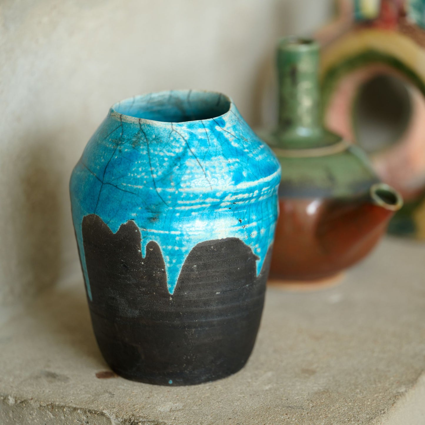 Turquoise Black Raku Vase