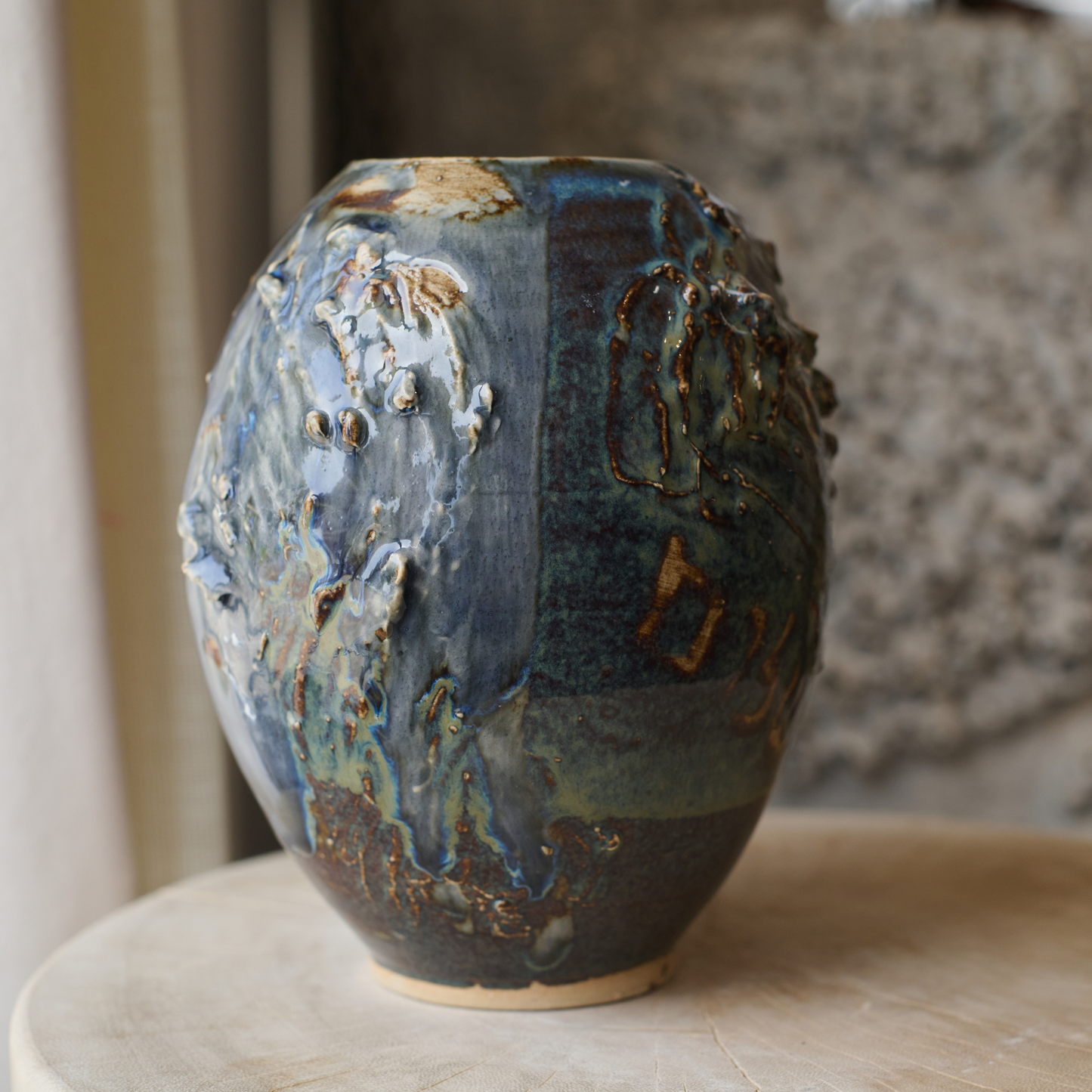 Grey, Gold, Green and Blue Textured Vase