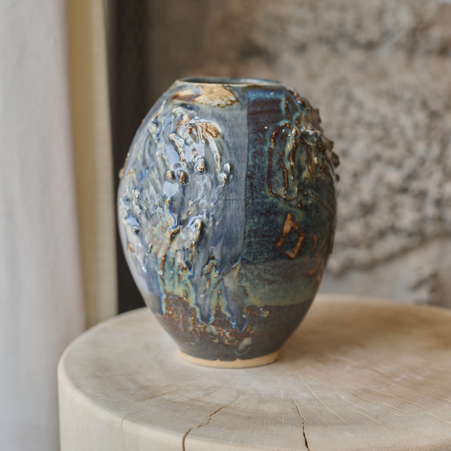 Grey, Gold, Green and Blue Textured Vase