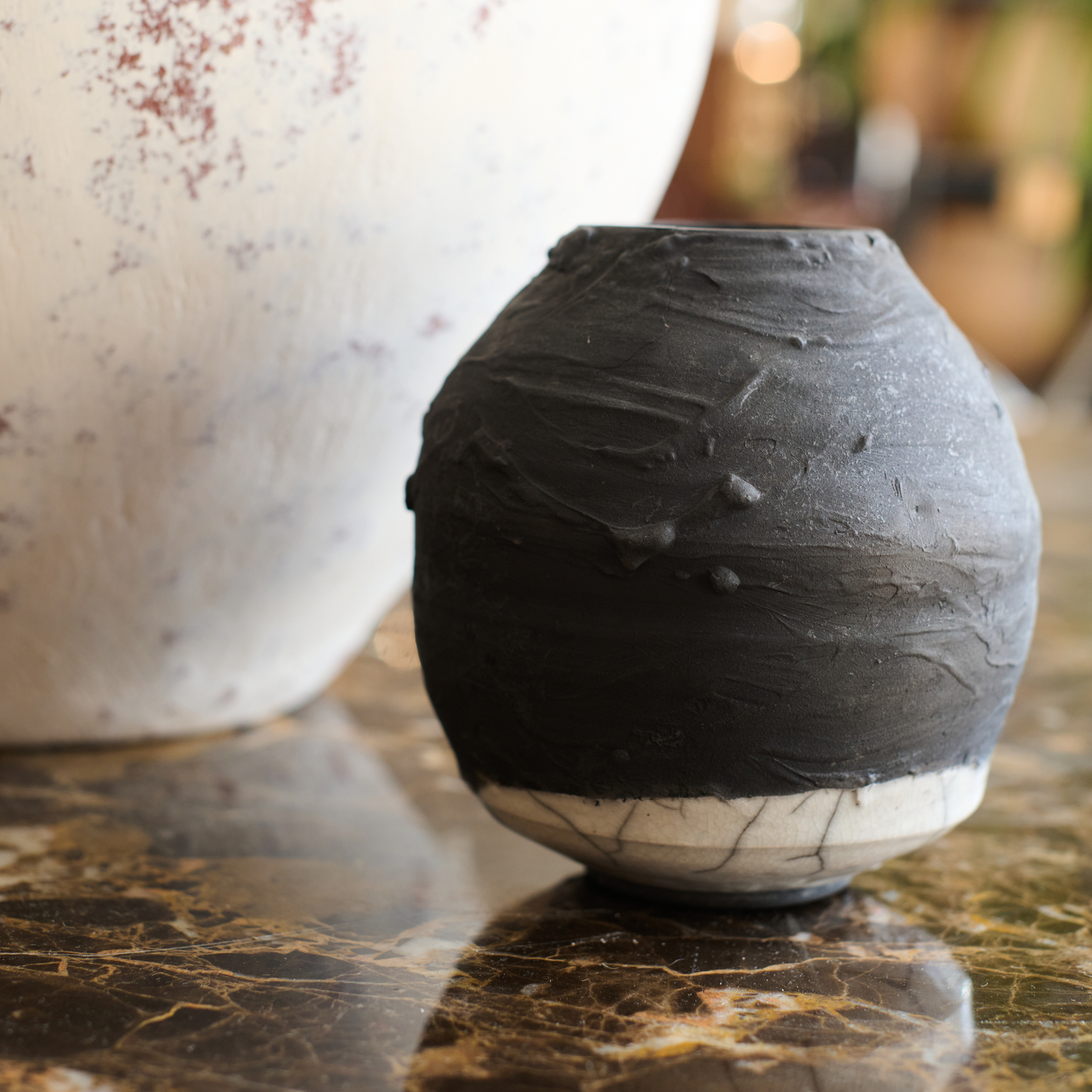 Raku Black and Cream Vase